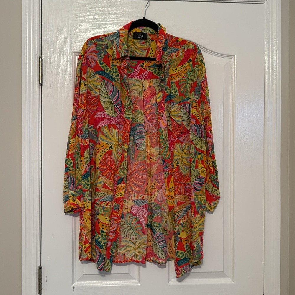 Vici | Coveted Button Down Shirt Dress Colorful Tropical Mini Cover Up Small - Picture 6 of 10